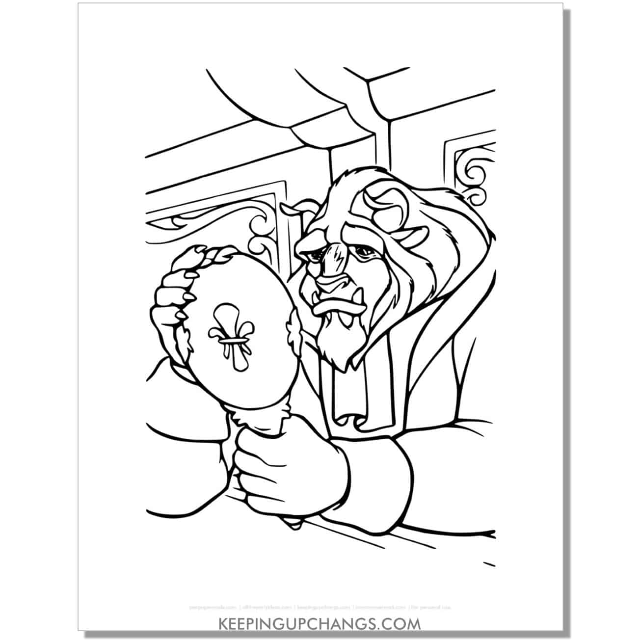beast looking in enchanted mirror coloring page, sheet.