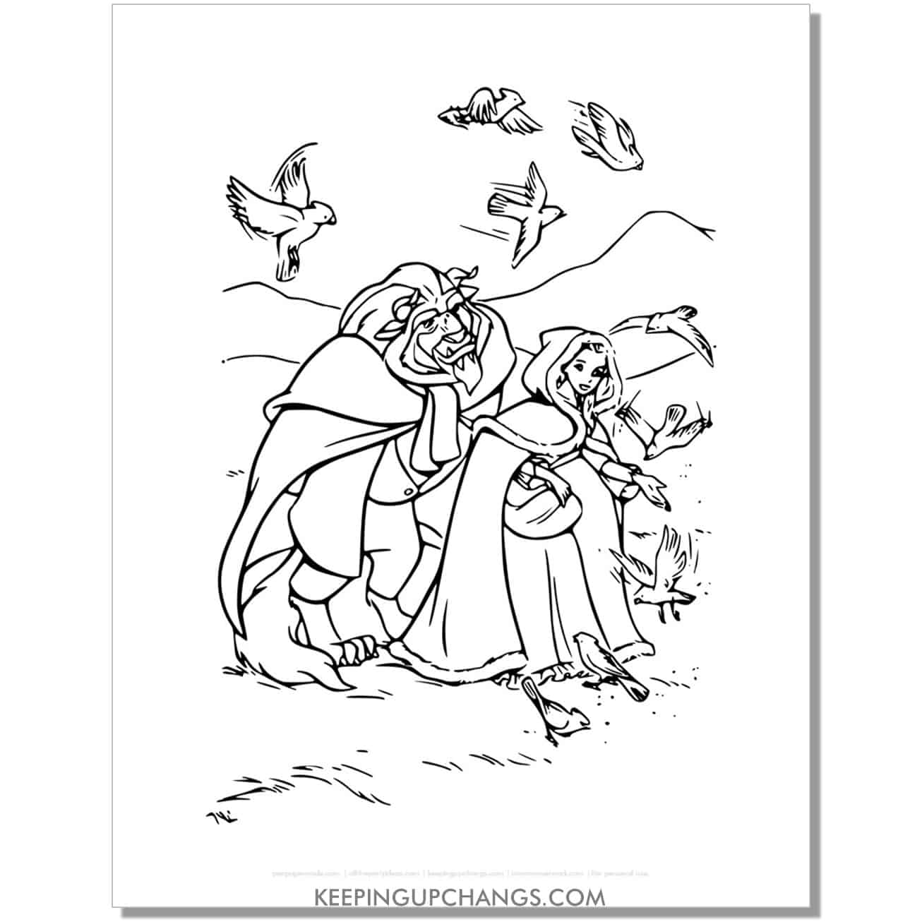 beauty and beast feeding birds coloring page, sheet.