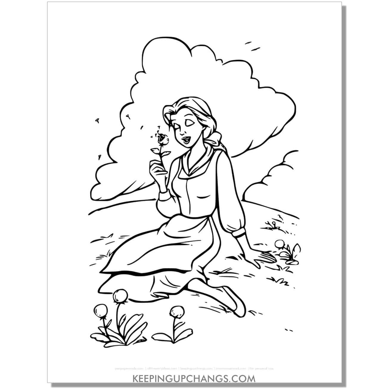 beauty and beast belle smelling flower in a field coloring page, sheet.