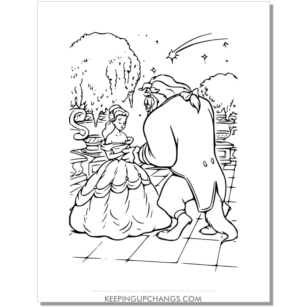 beauty and beast in garden coloring page, sheet.