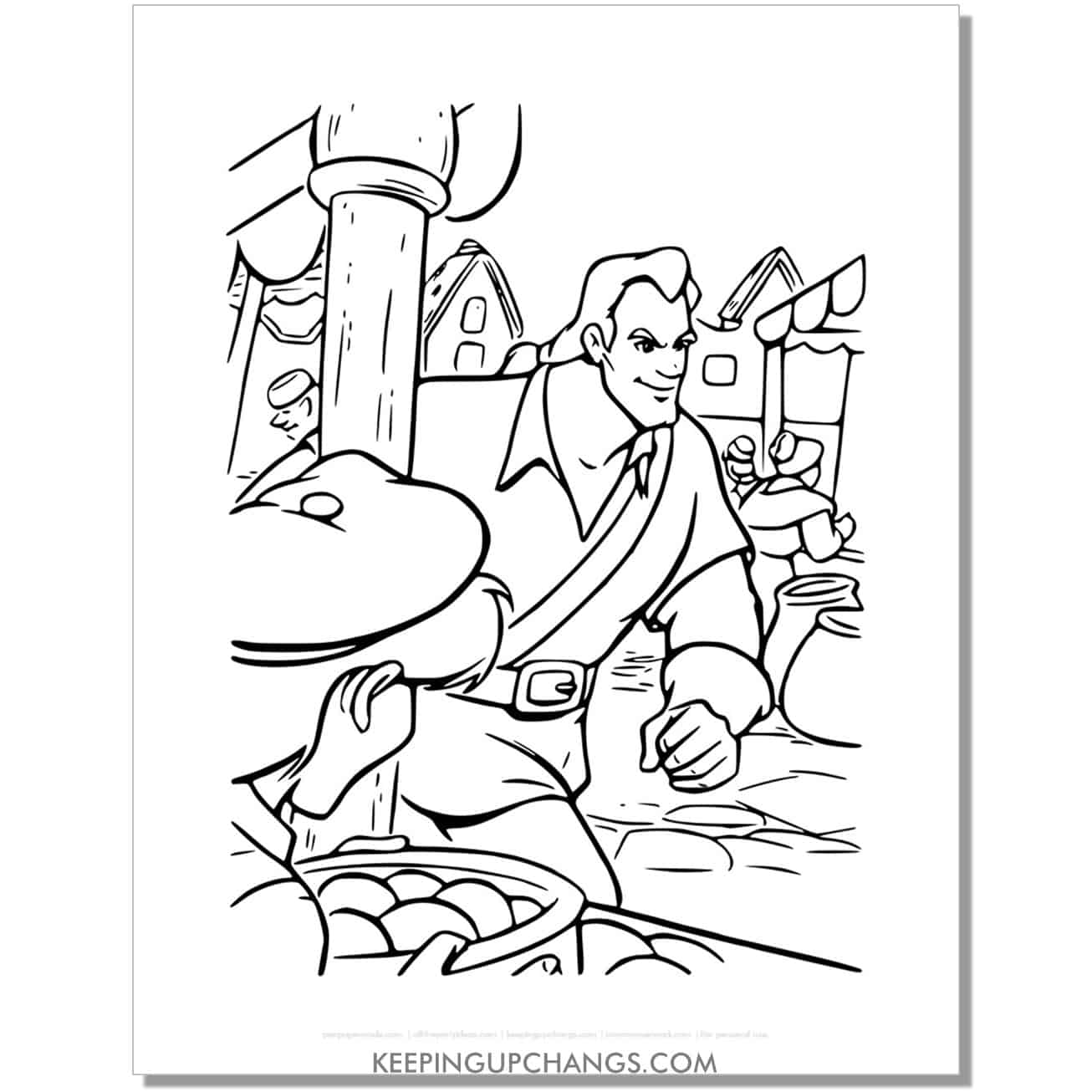 beauty and beast gaston in street market coloring page, sheet.