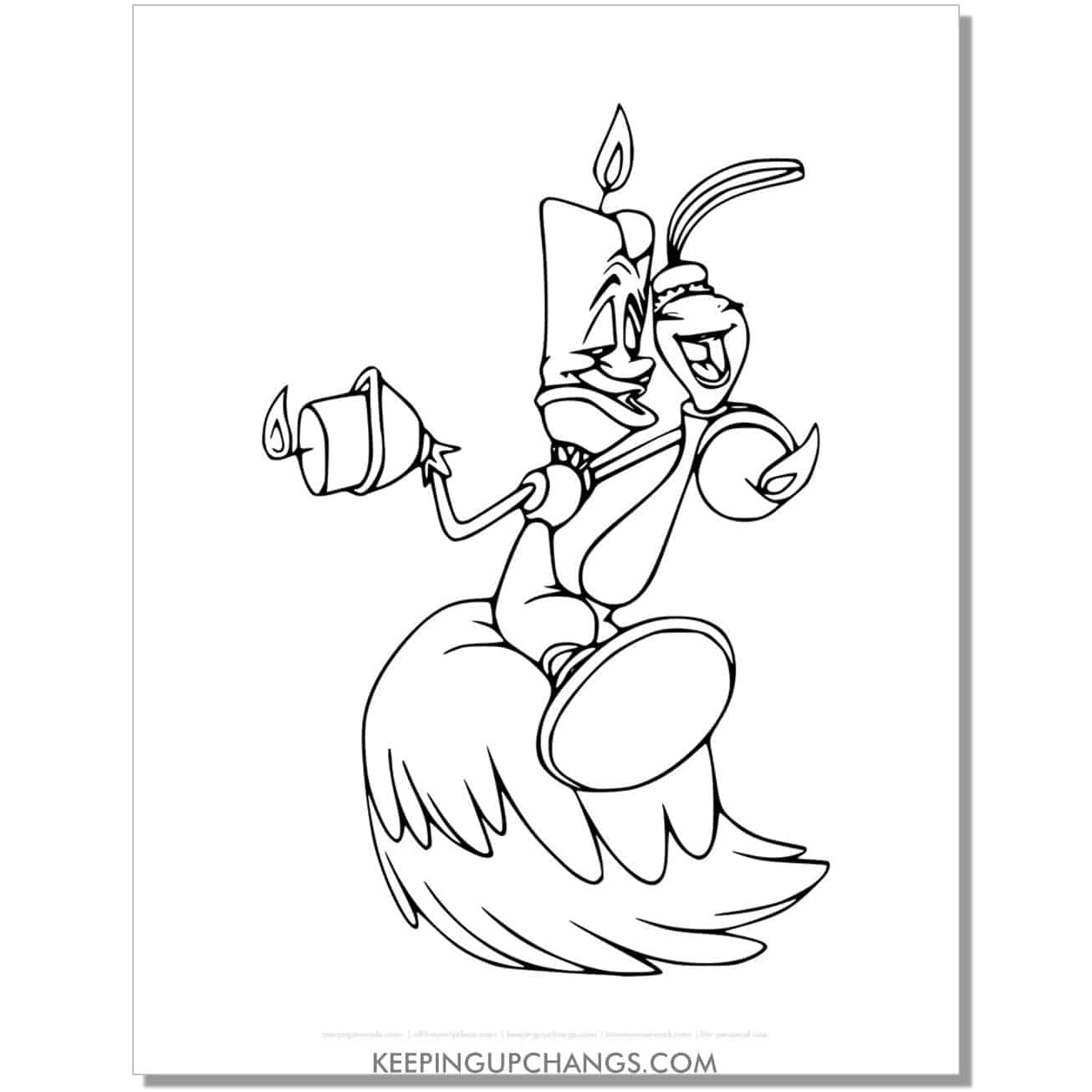 beauty and beast lumiere with featherduster coloring page, sheet.