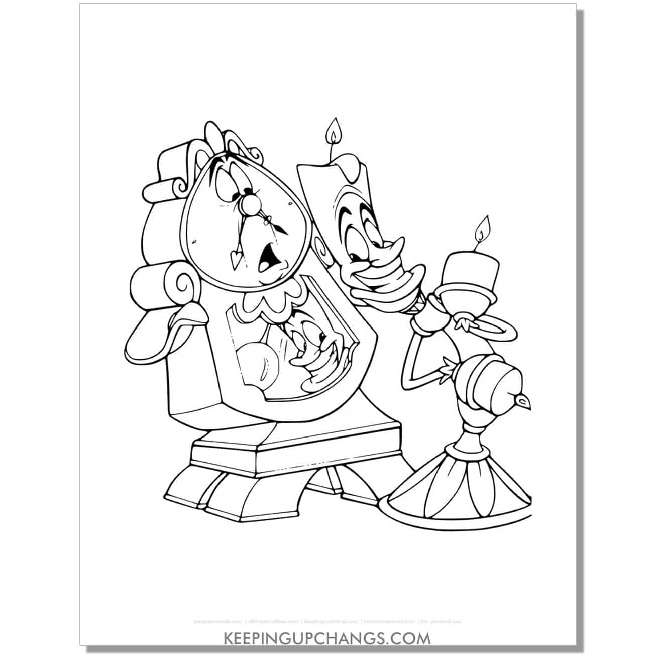 beauty and beast lumiere checking reflection in cogsworth coloring page, sheet.