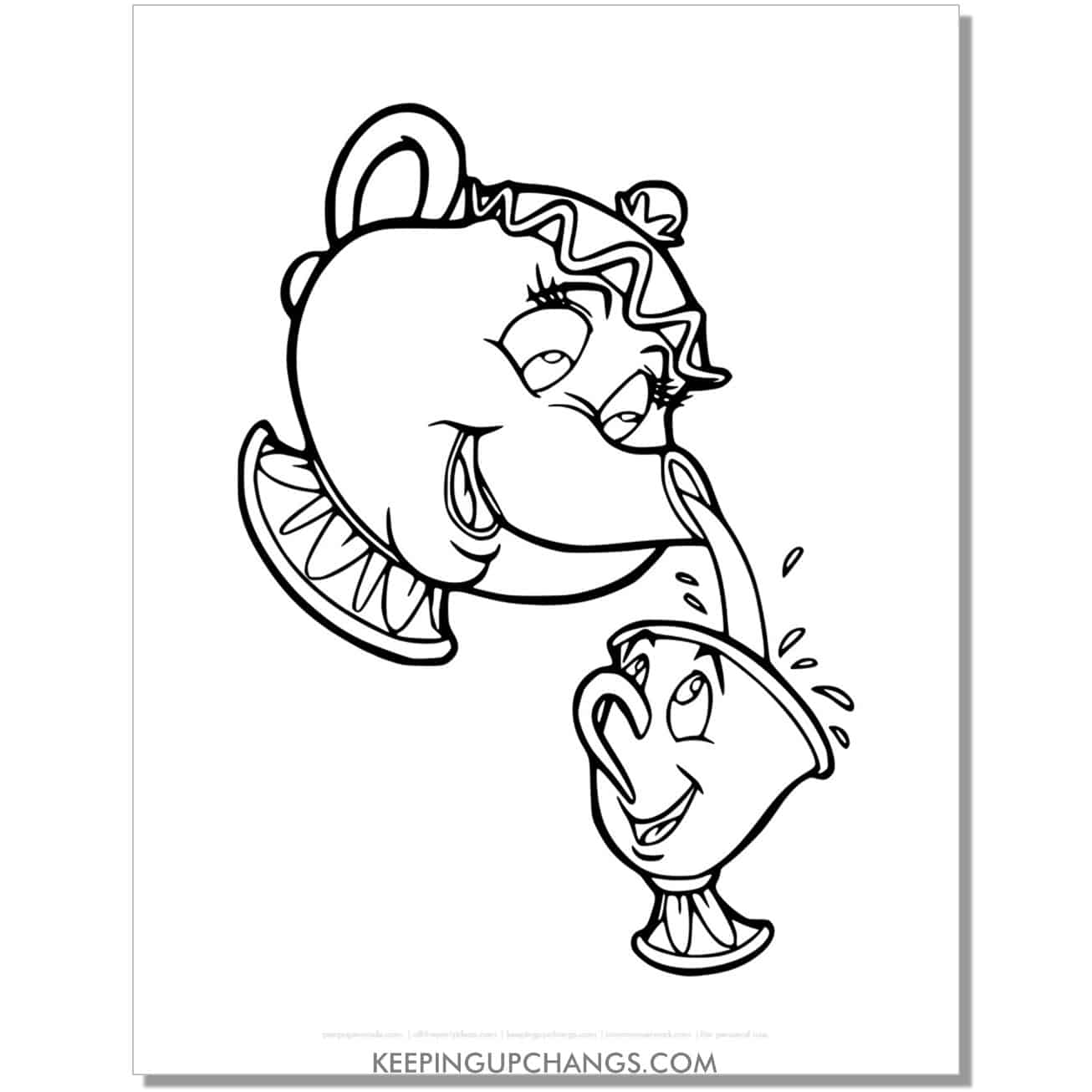 beauty and beast mrs potts giving chip bath coloring page, sheet.