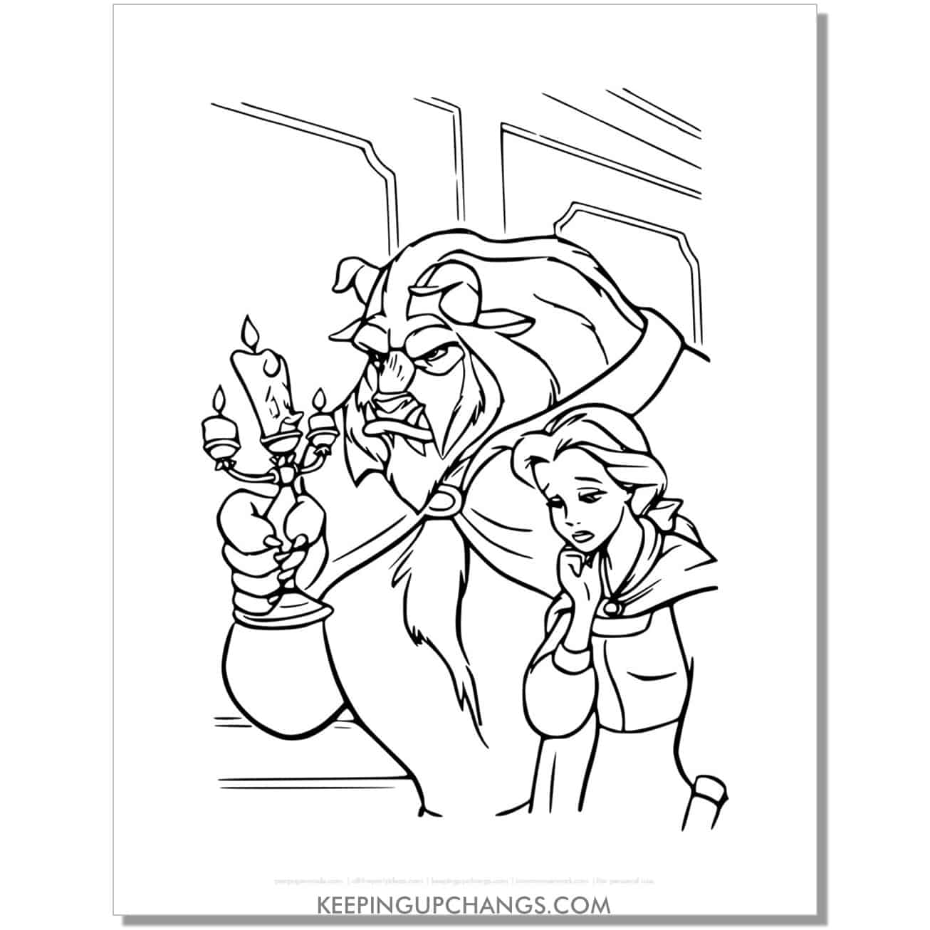 beauty and beast walking in hall somber coloring page, sheet.