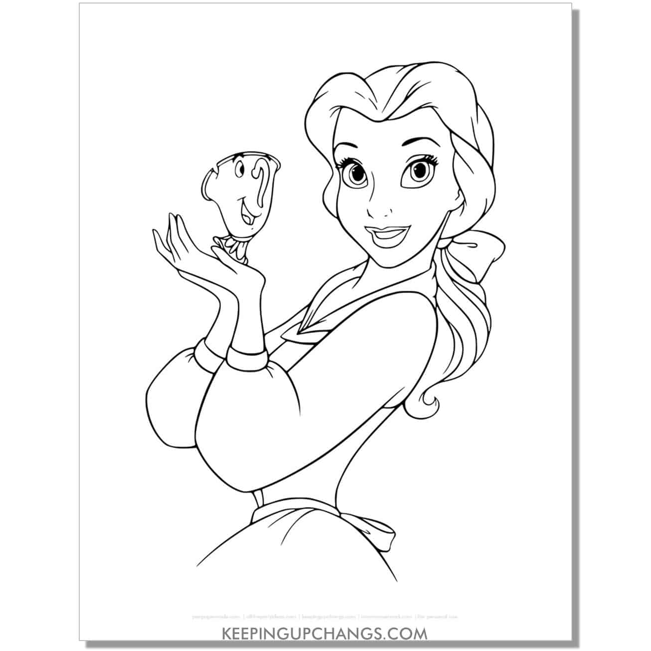 beauty and beast belle holding chip coloring page, sheet.