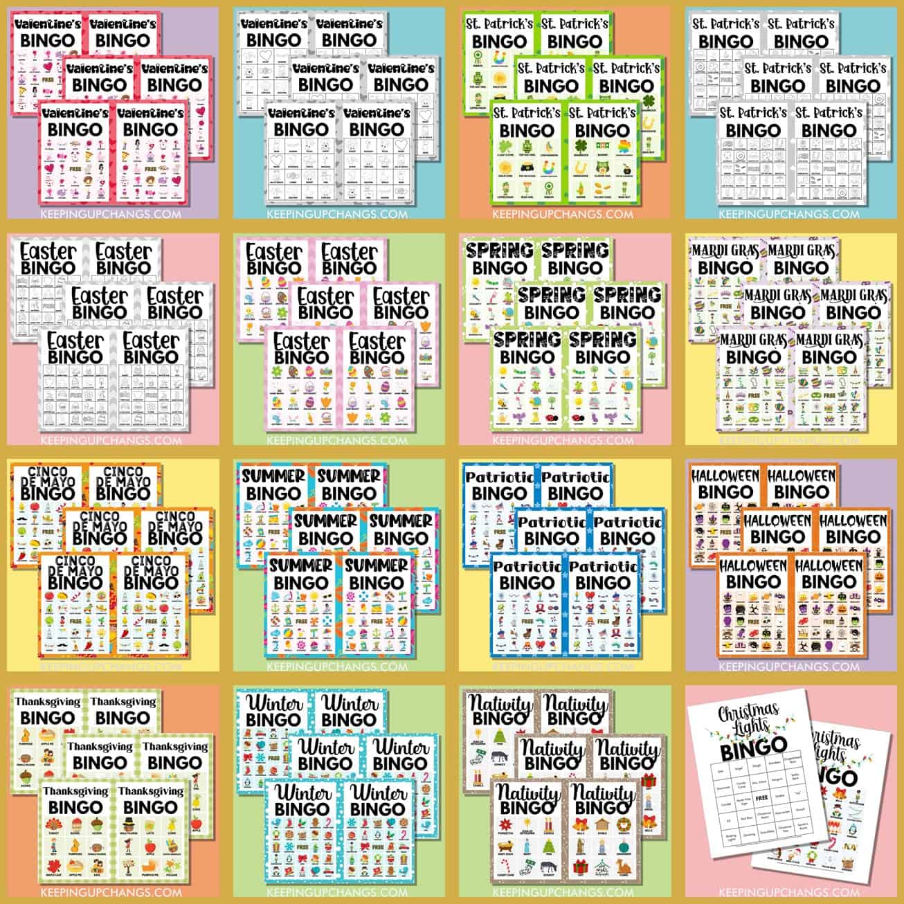 collage of free holiday bingo game cards such as easter, thanksgiving, christmas and more.
