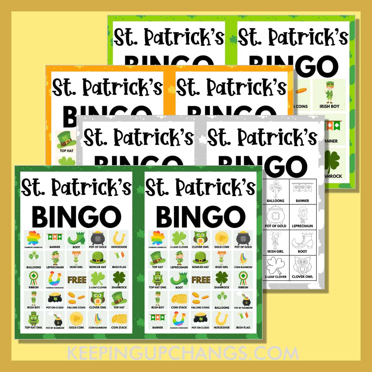 most popular free st patrick's day bingo games including 5x5, 4x4, 3x3 grids.