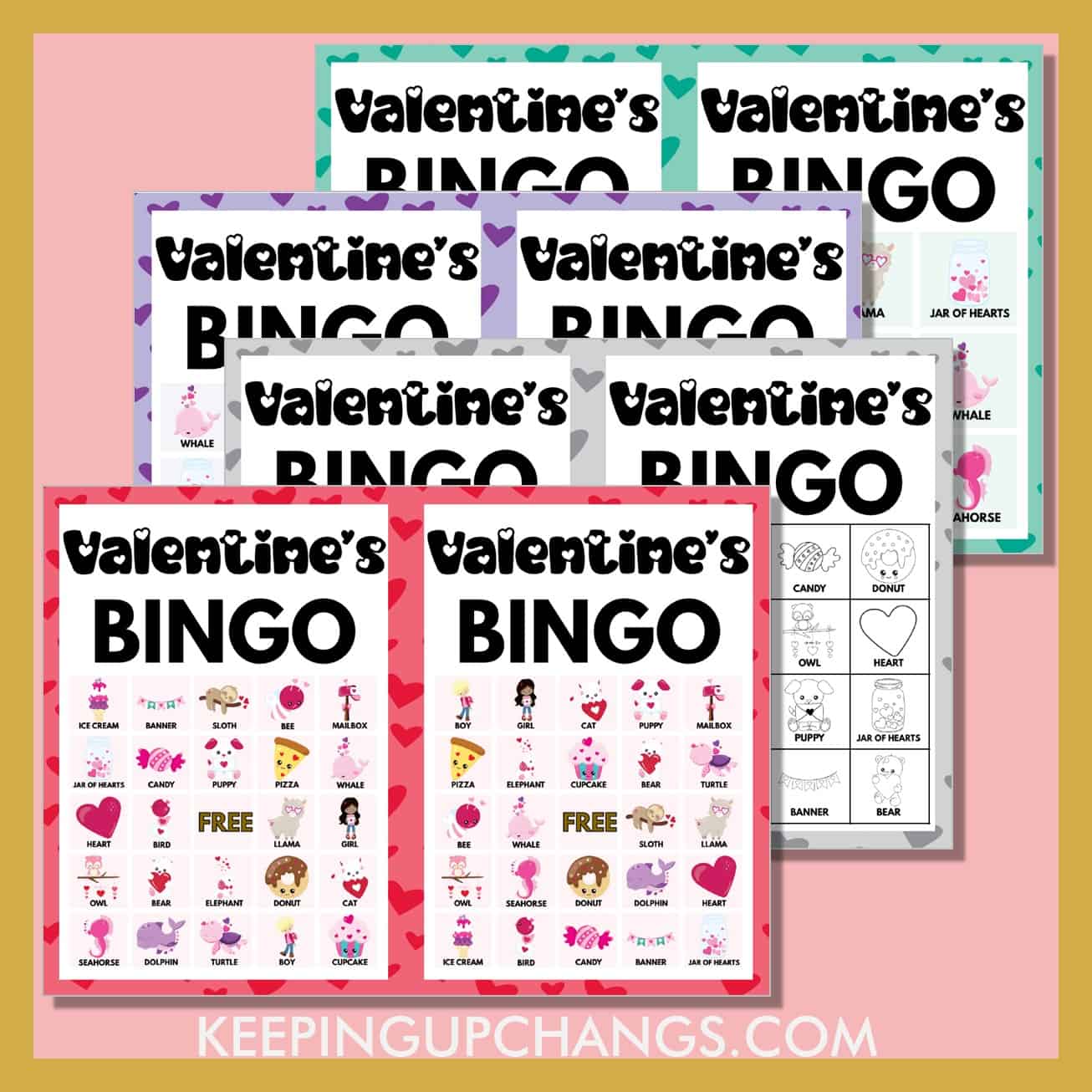 most popular free valentine's bingo games including 5x5, 4x4, 3x3 grids.