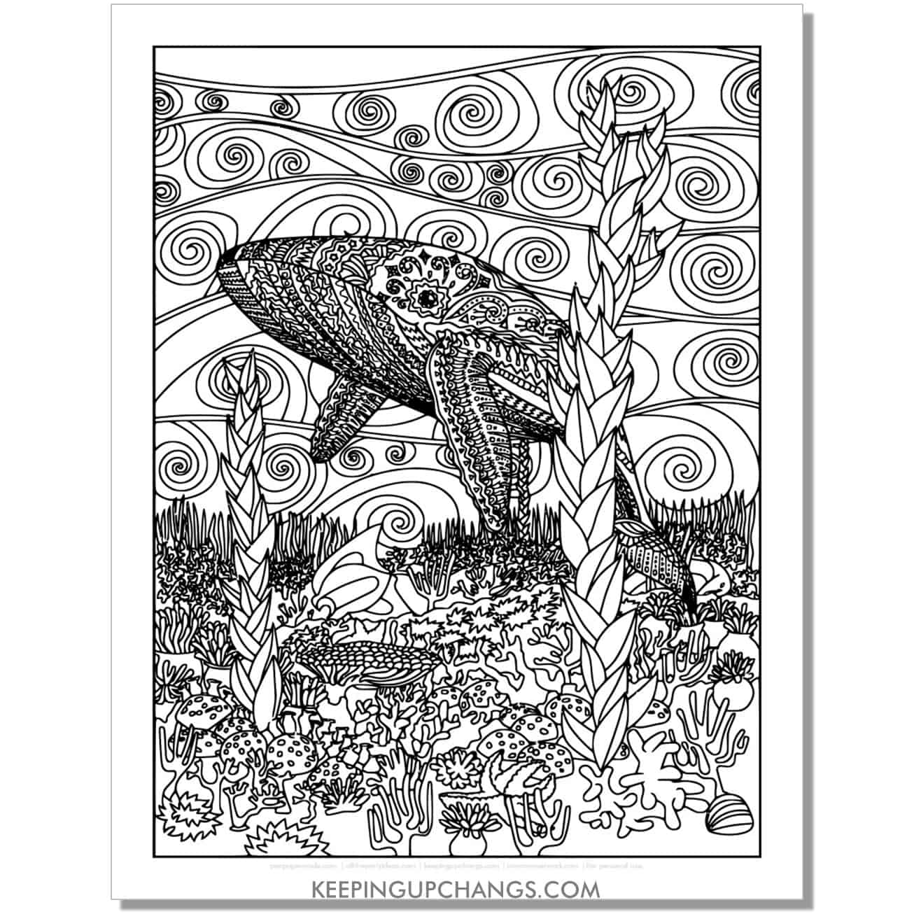 free trippy whale coloring page, sheet.