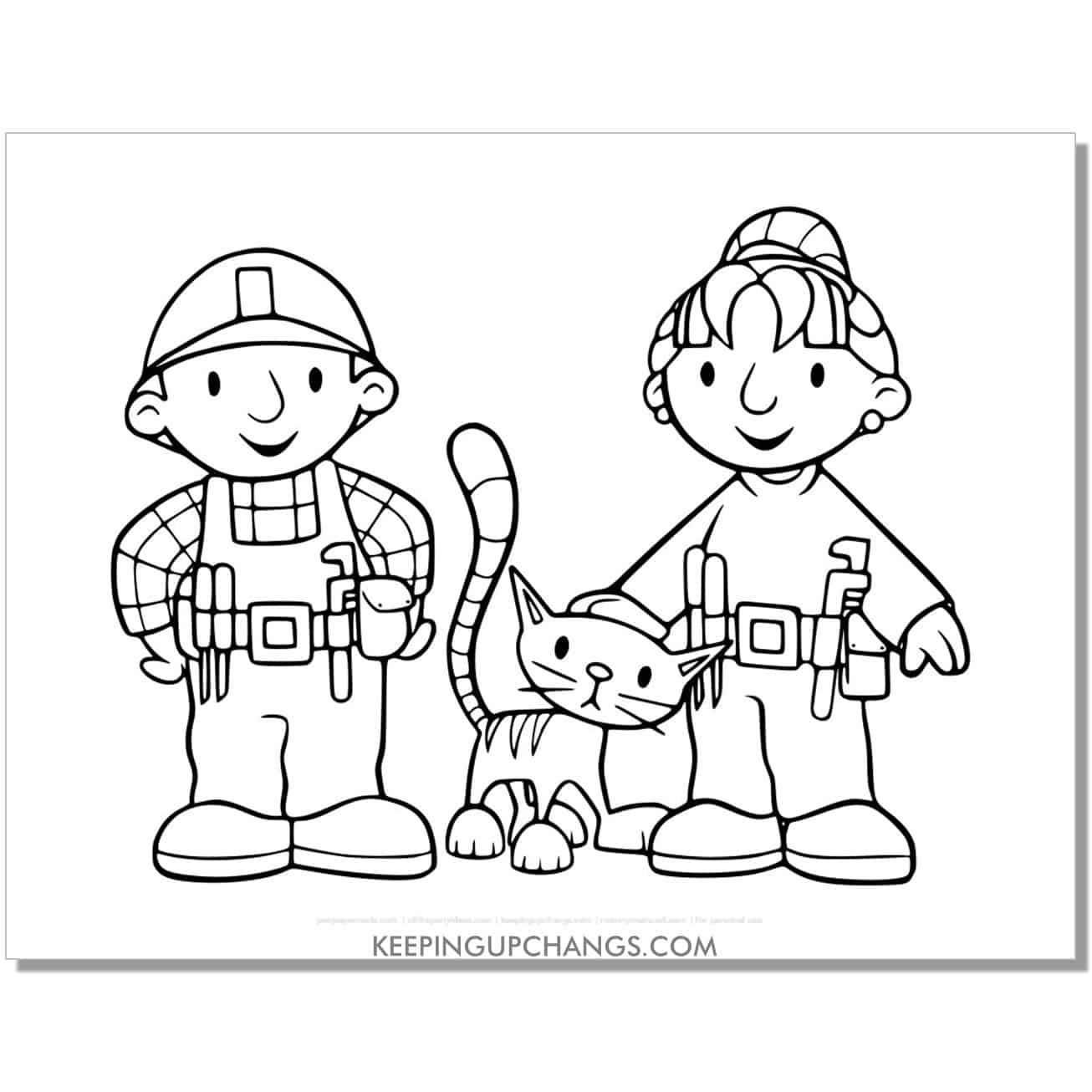 free bob the builder, pilchard cat, wendy partner coloring page, sheet.