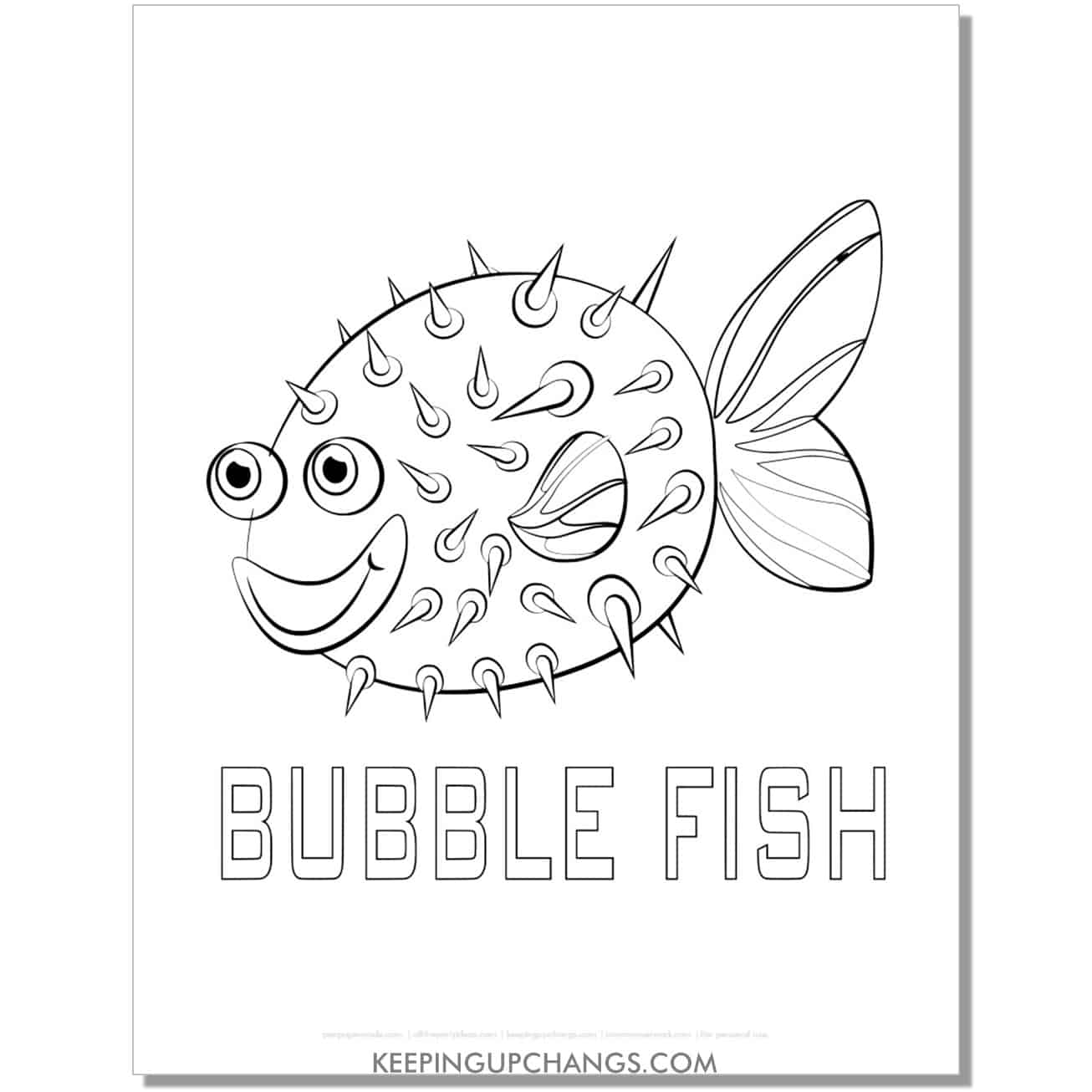 free bubble fish word coloring page, sheet.