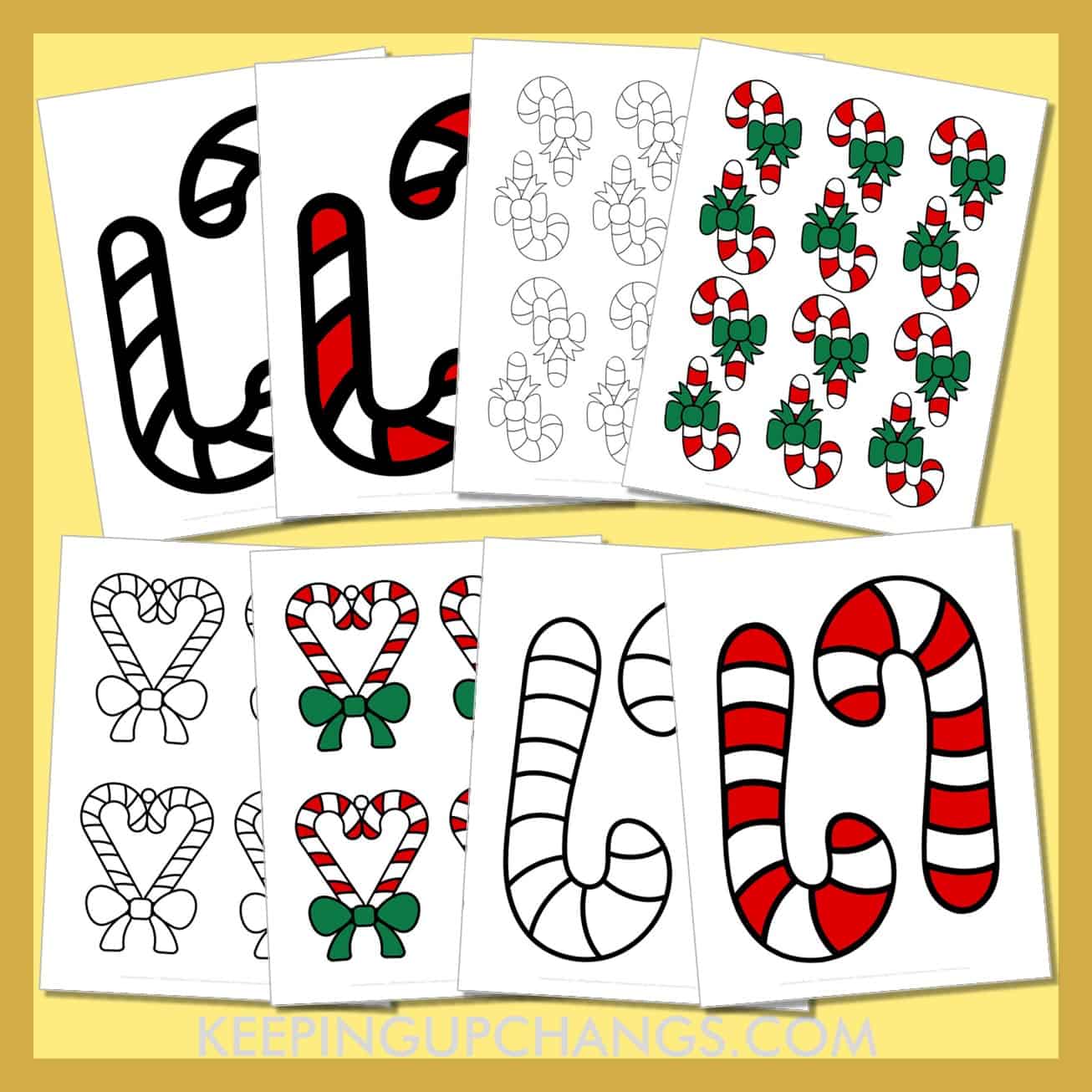 candy cane template outline stencils for color, black and white cut out with bow, holly, heart.