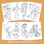 care bears colouring sheets including gloomy, best friend, lucky, tenderheart, funshine, love a lot and more.