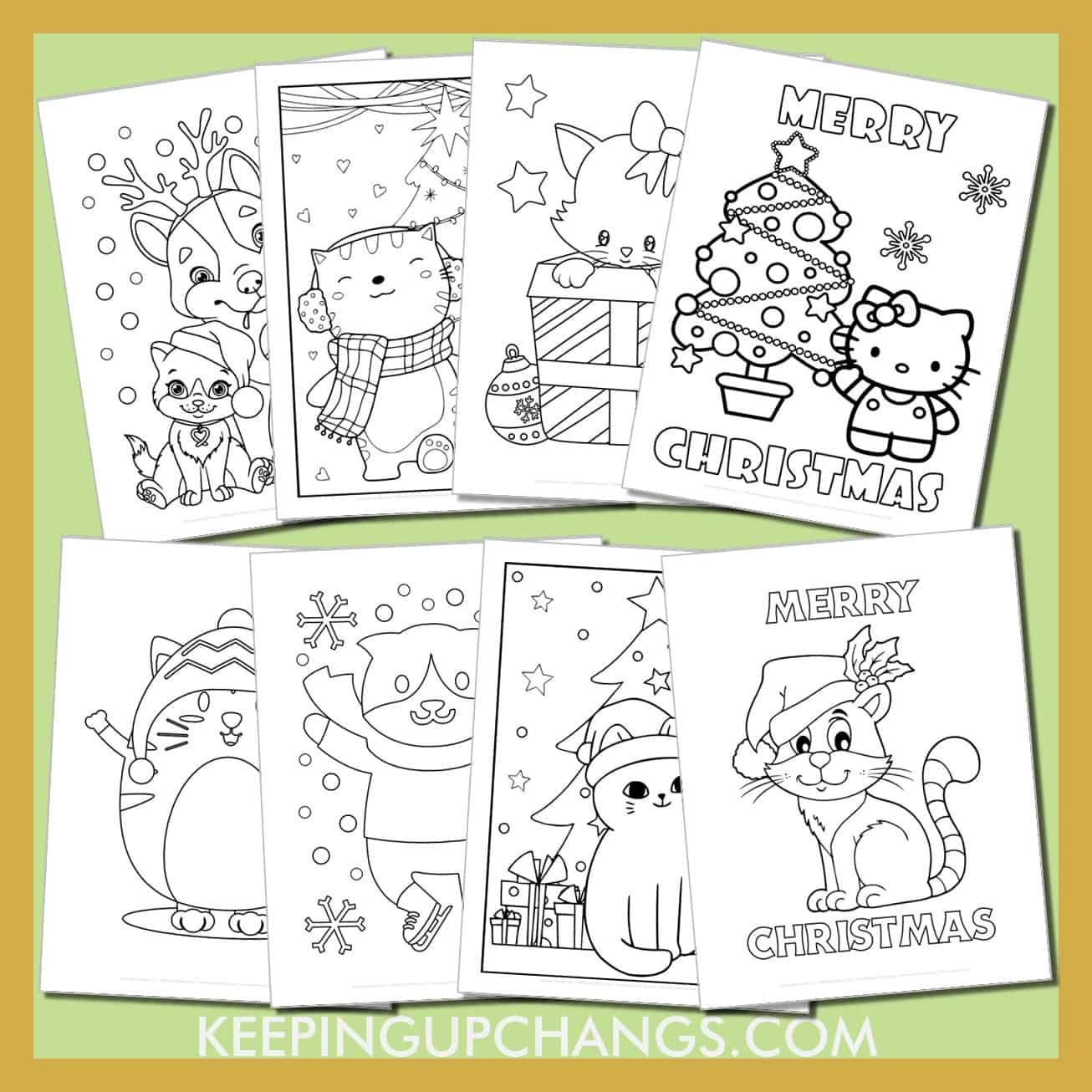 cute christmas cat colouring sheets including hello kitty, kawaii adorable cats and dogs with santa hat, and more.