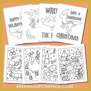 cute christmas dinosaur colouring sheets including t rex, stegosaurus, triceratops, velociraptor, and more.