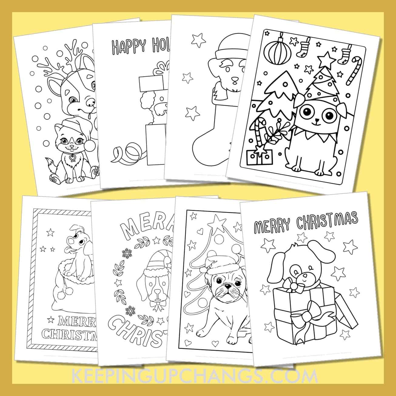 cute christmas dog colouring sheets including golden retriever, chihuahua, poodle, pug, dalmation, and more.