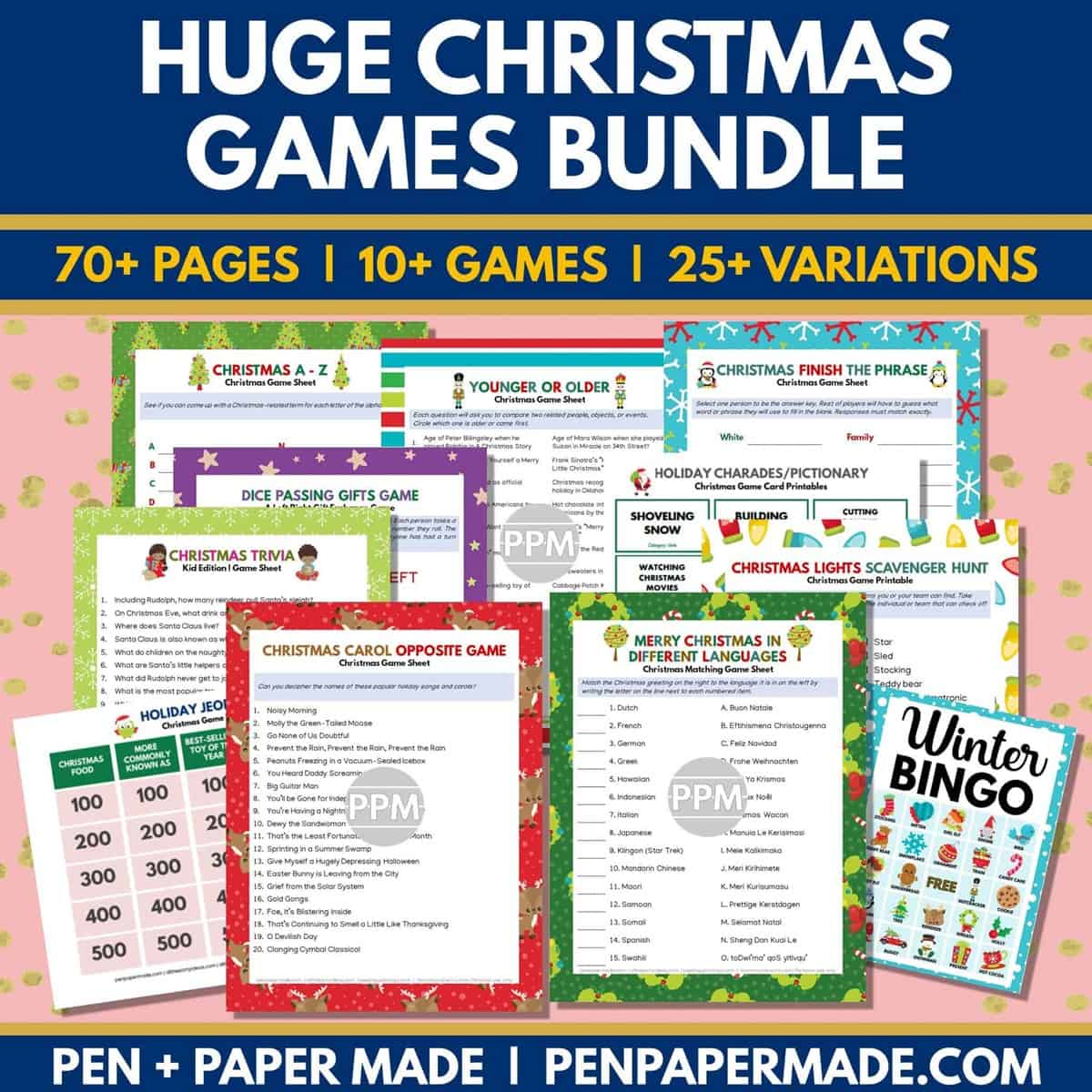 best, most popular printable christmas games bundle with bingo, jeopardy trivia and more.