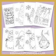 cute christmas gnome colouring sheets including adorable gnome couple boy and girl, kawaii garden gnomes for kids arts and crafts, and more.