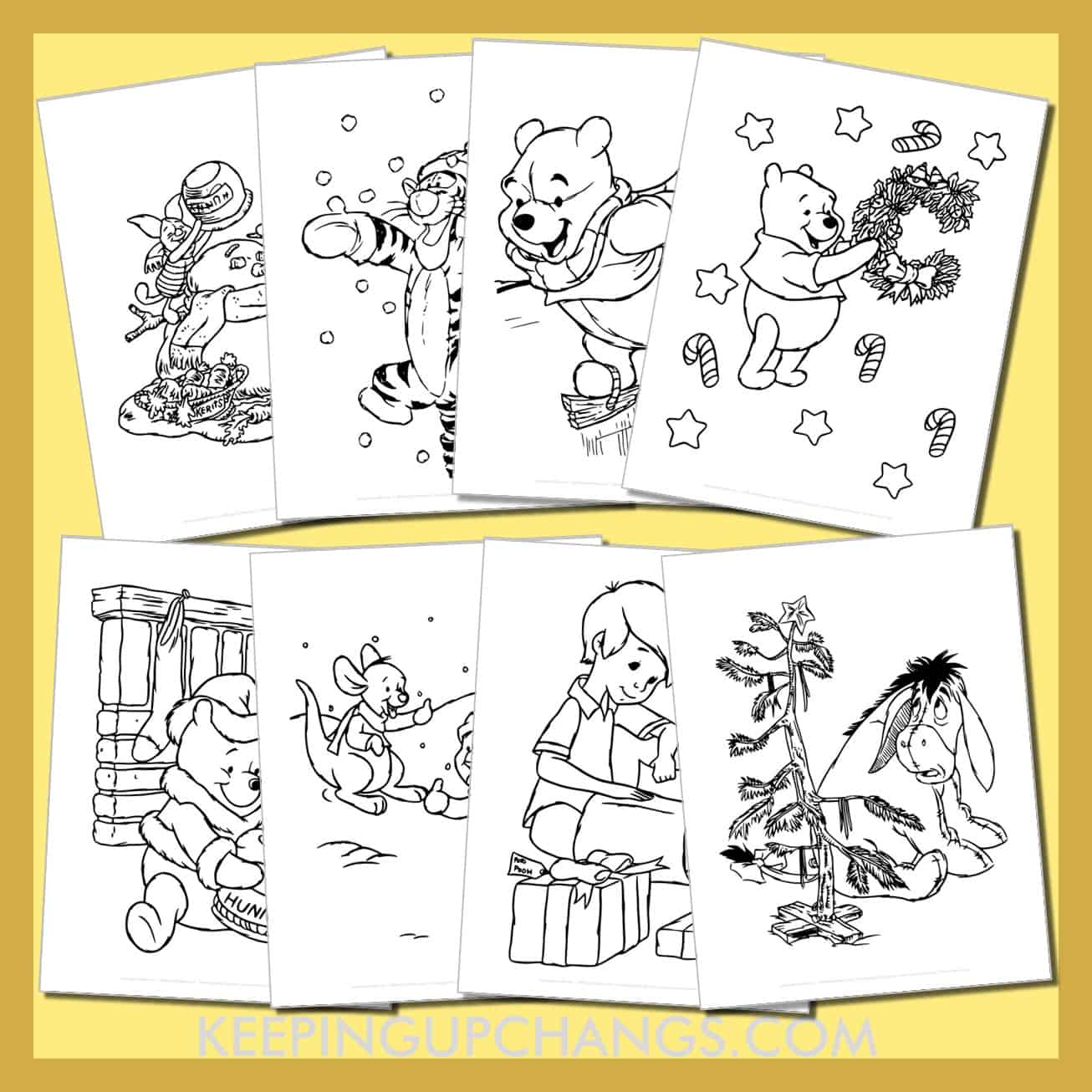 cute winnie the pooh christmas colouring sheets including tigger, piglet, roo, eeyore, rabbit, and more.