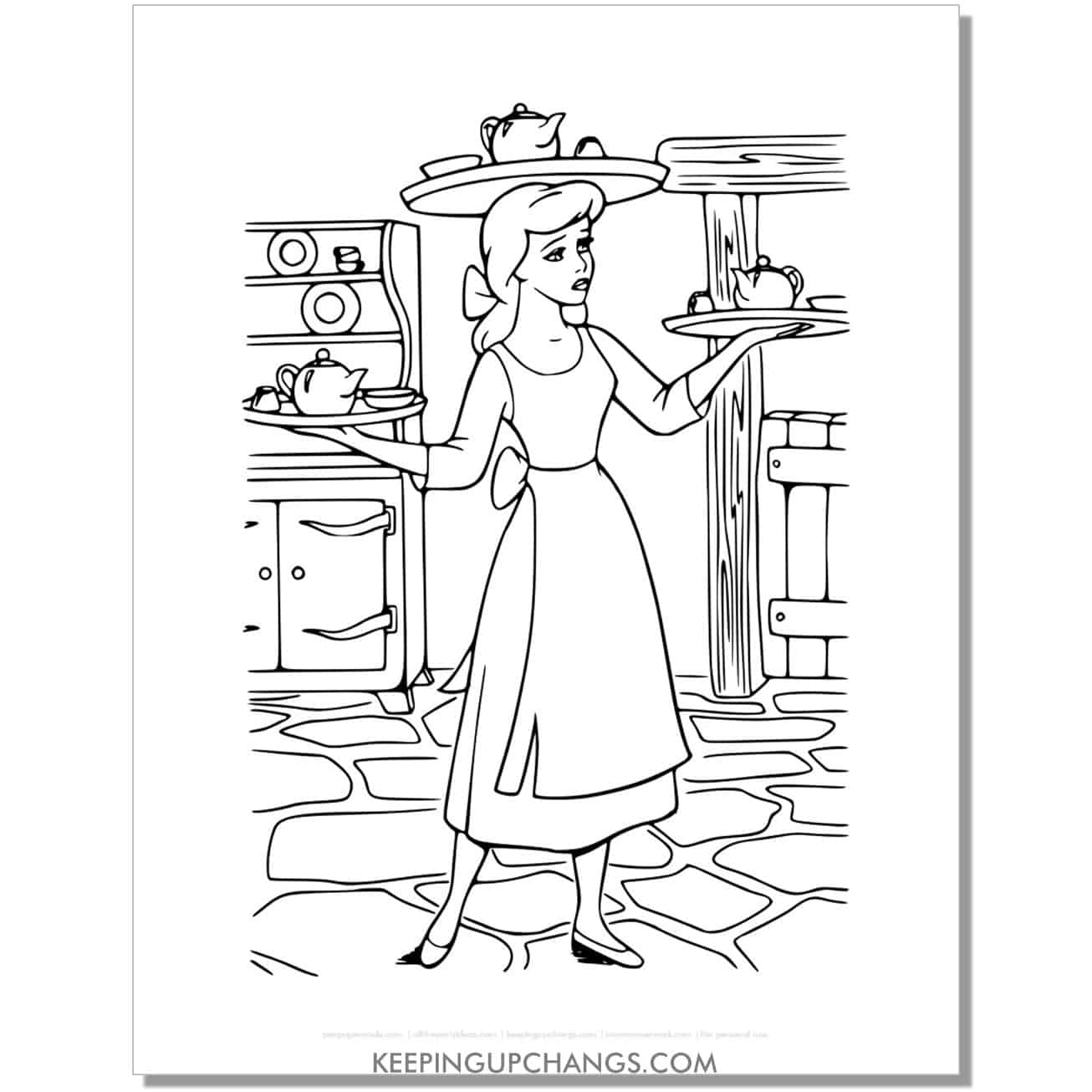cinderella balncing tea trays on head and hands coloring page, sheet.