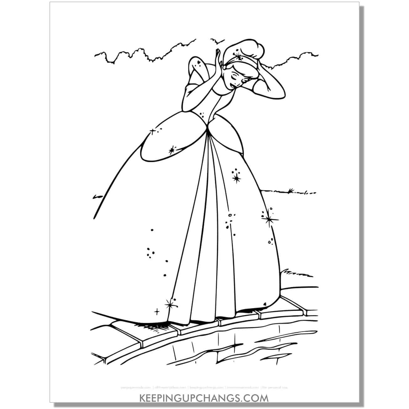 cinderella sees dress in reflection of water coloring page, sheet.