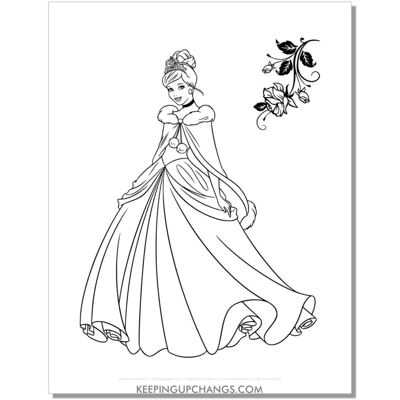 cinderella in beautiful Christmas winter gown coloring page, sheet.