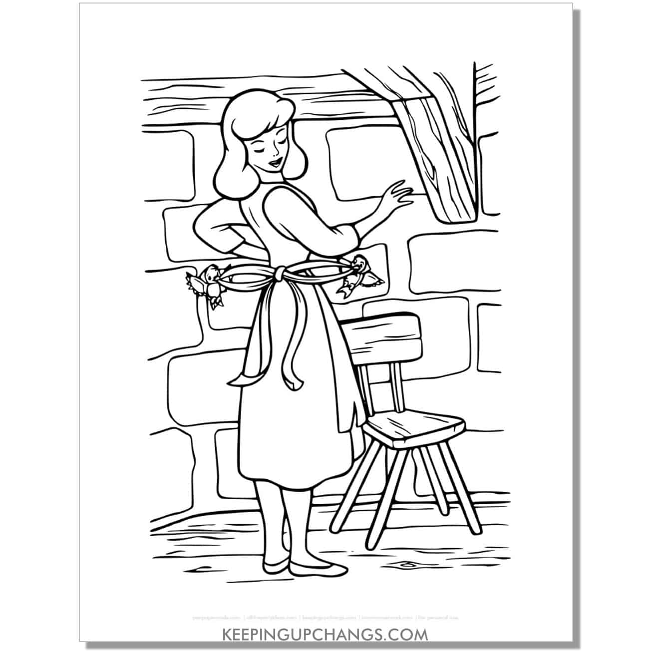 cinderella with bow tied in back by birds coloring page, sheet.