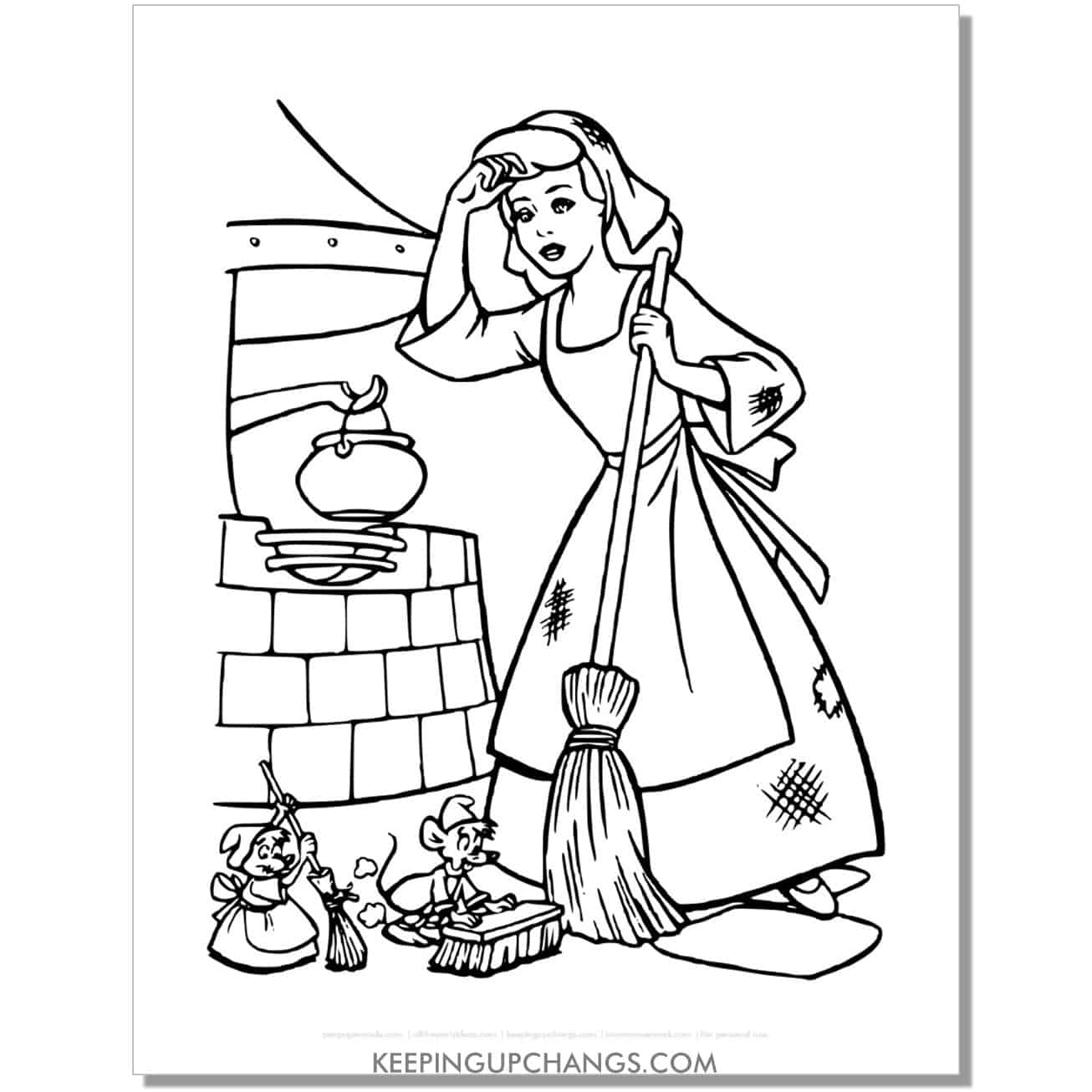 cinderella cleaning house all dirty coloring page, sheet.