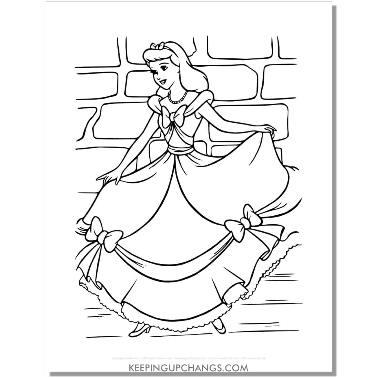 cinderella tries on dress with bows at home coloring page, sheet.