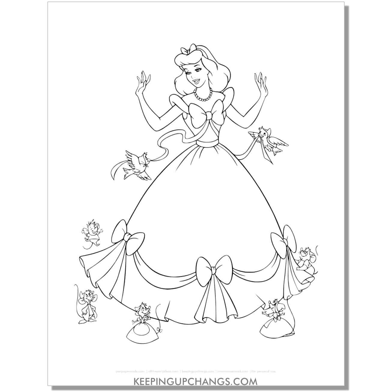 cinderella getting dress fitted by birds, mice coloring page, sheet.