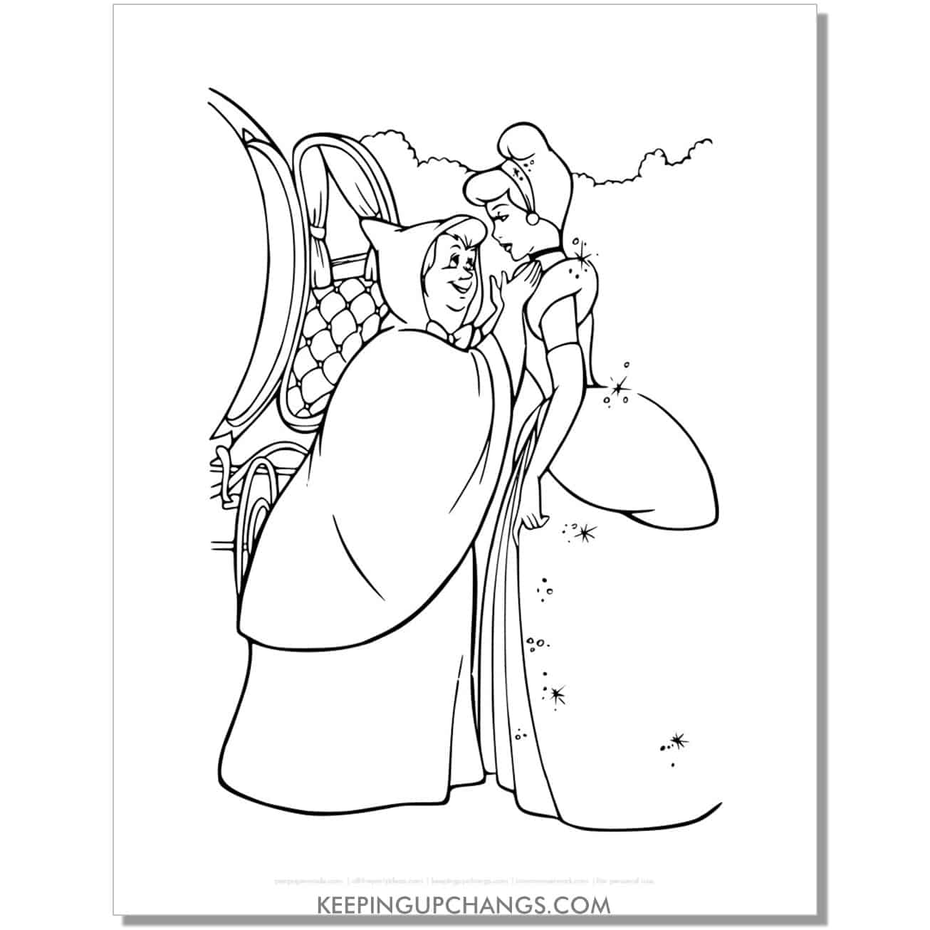 cinderella outside carriage with fairy godmother coloring page, sheet.