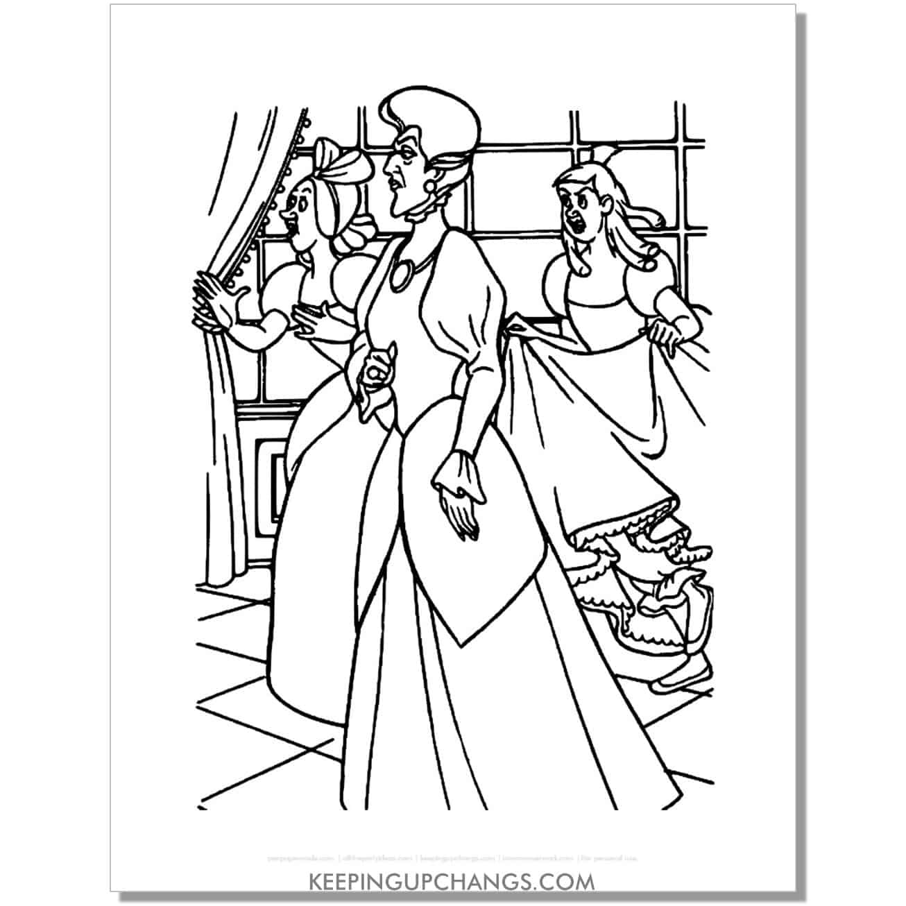 cinderella's evil stepmother and stepsisters coloring page, sheet.