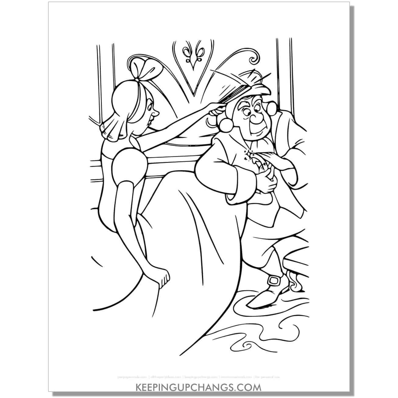 cinderella stepsister hits footman on head coloring page, sheet.
