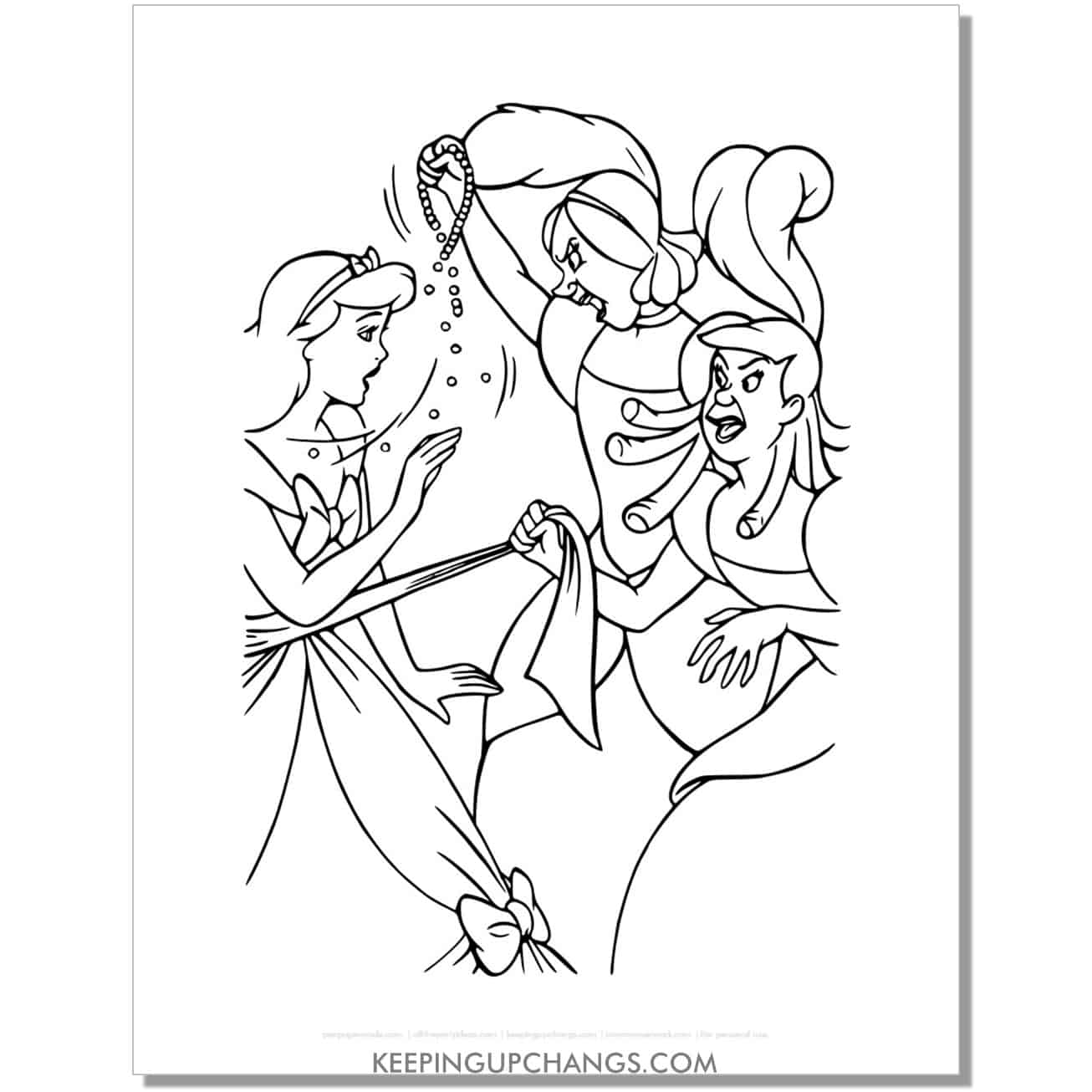 cinderella bullied by evil stepsisters coloring page, sheet.