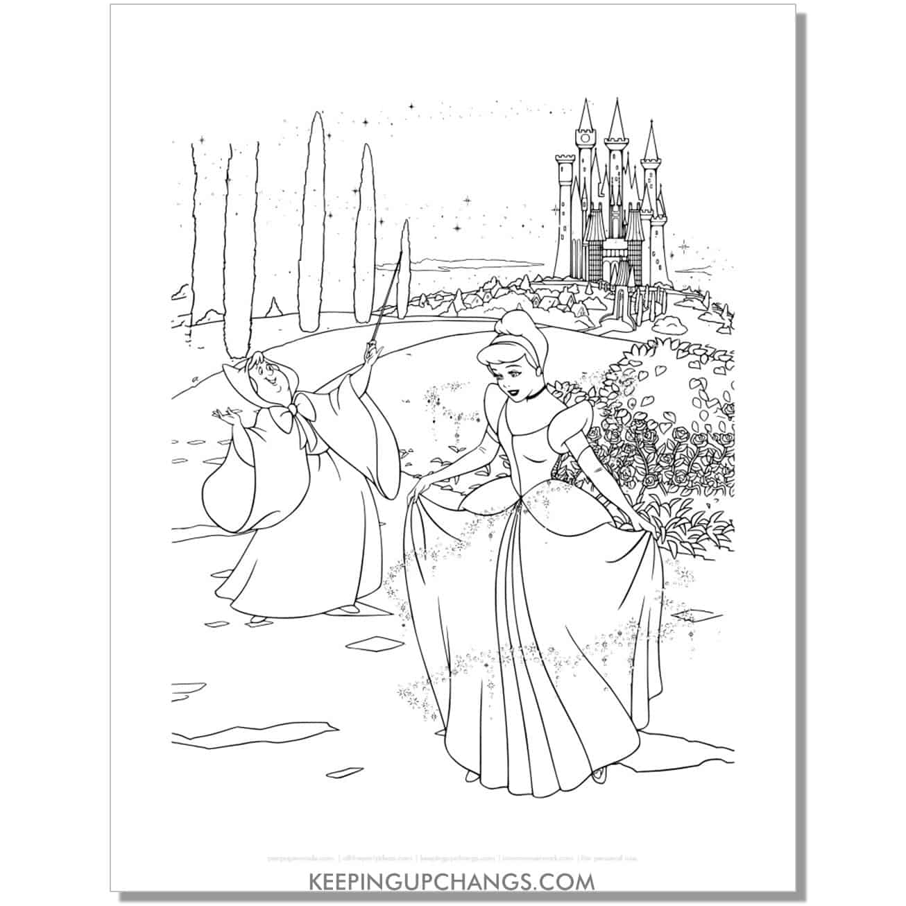 cinderella and fairy godmother outside castle coloring page, sheet.