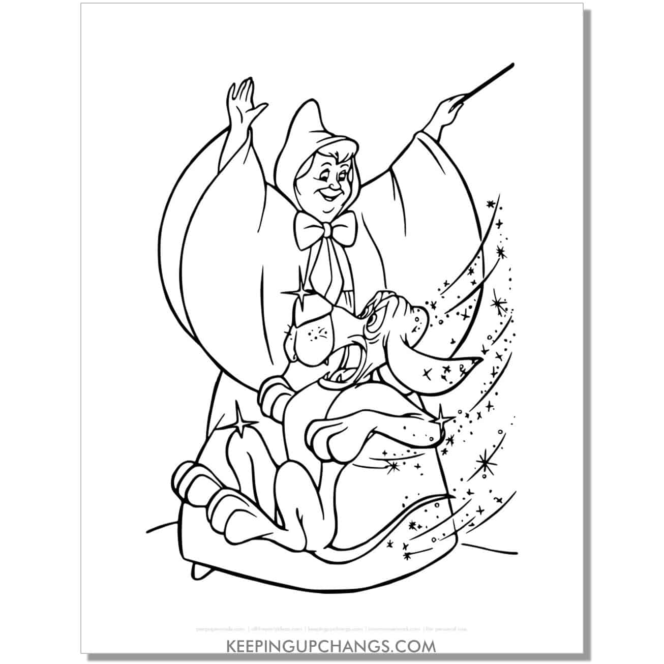 cinderella's fairy godmother turns bloodhound bruno to footman coloring page, sheet.