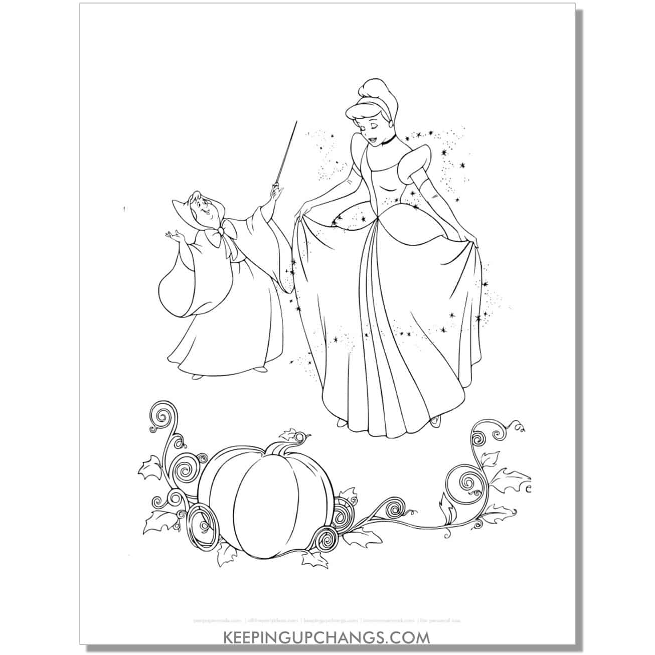 cinderella dressed up by fairy godmother coloring page, sheet.
