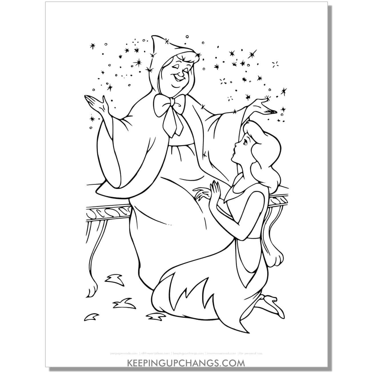 cinderella meets fairy godmother coloring page, sheet.