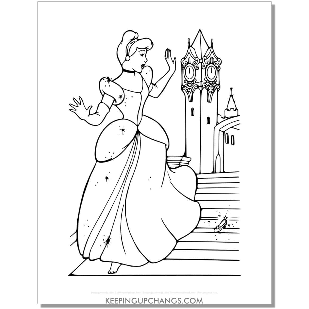 cinderella's glass slipper on steps coloring page, sheet.