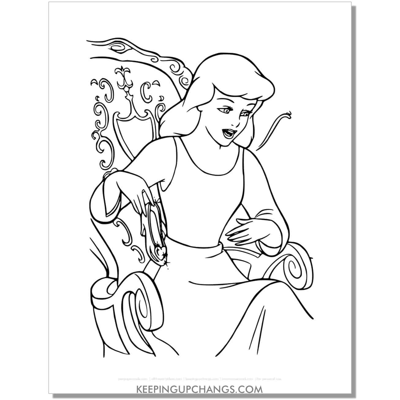 cinderella holding glass slipper coloring page, sheet.