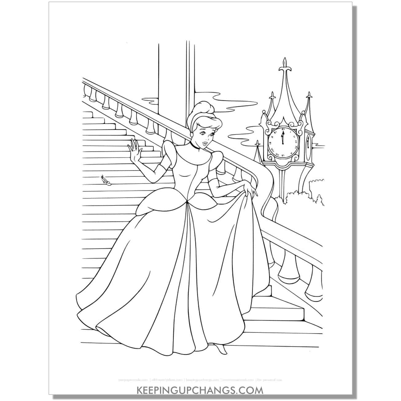 cinderella leaves behind glass slipper coloring page, sheet.