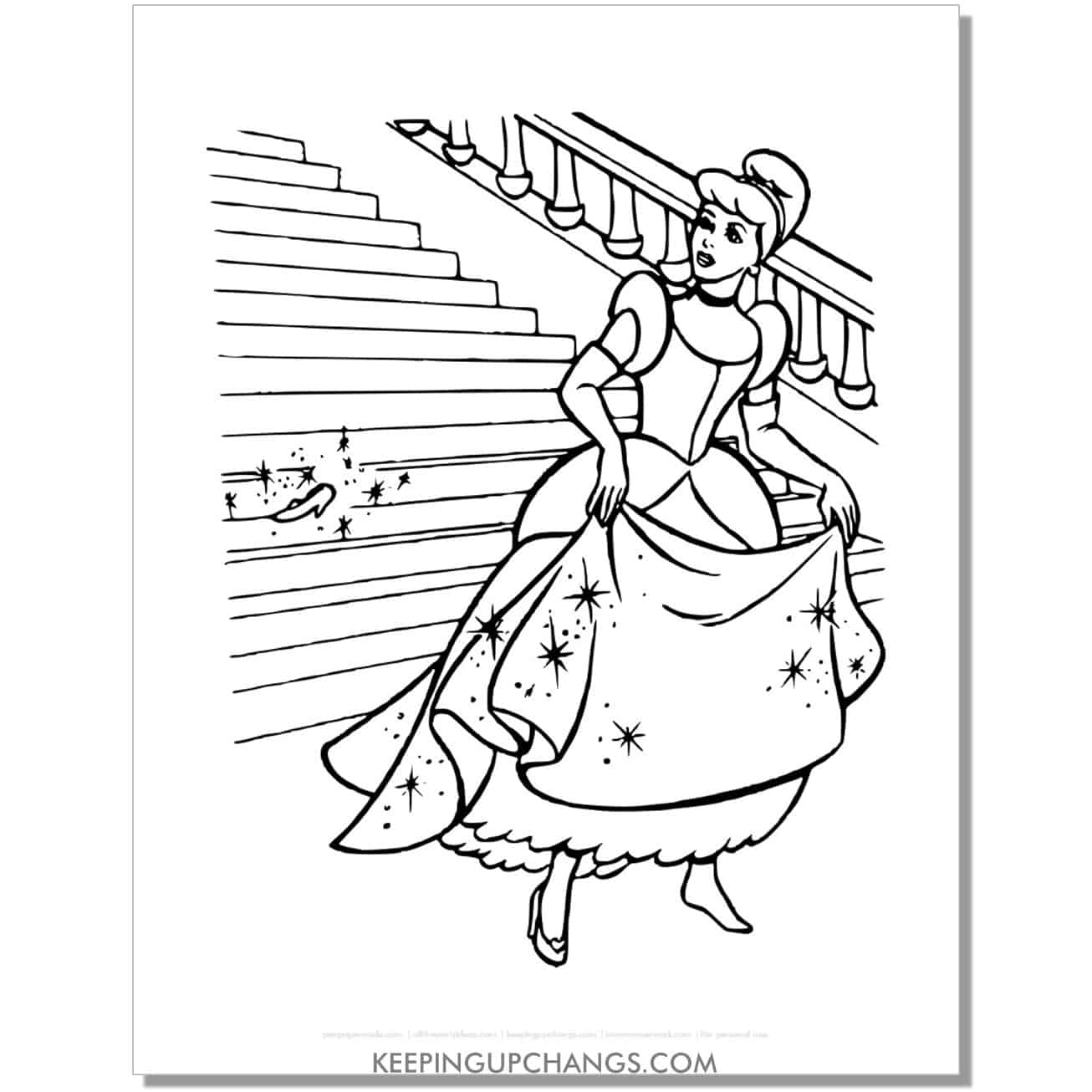 cinderella loses glass slipper coloring page, sheet.