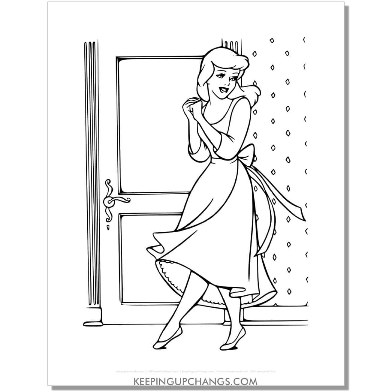 cinderella dancing in home coloring page, sheet.