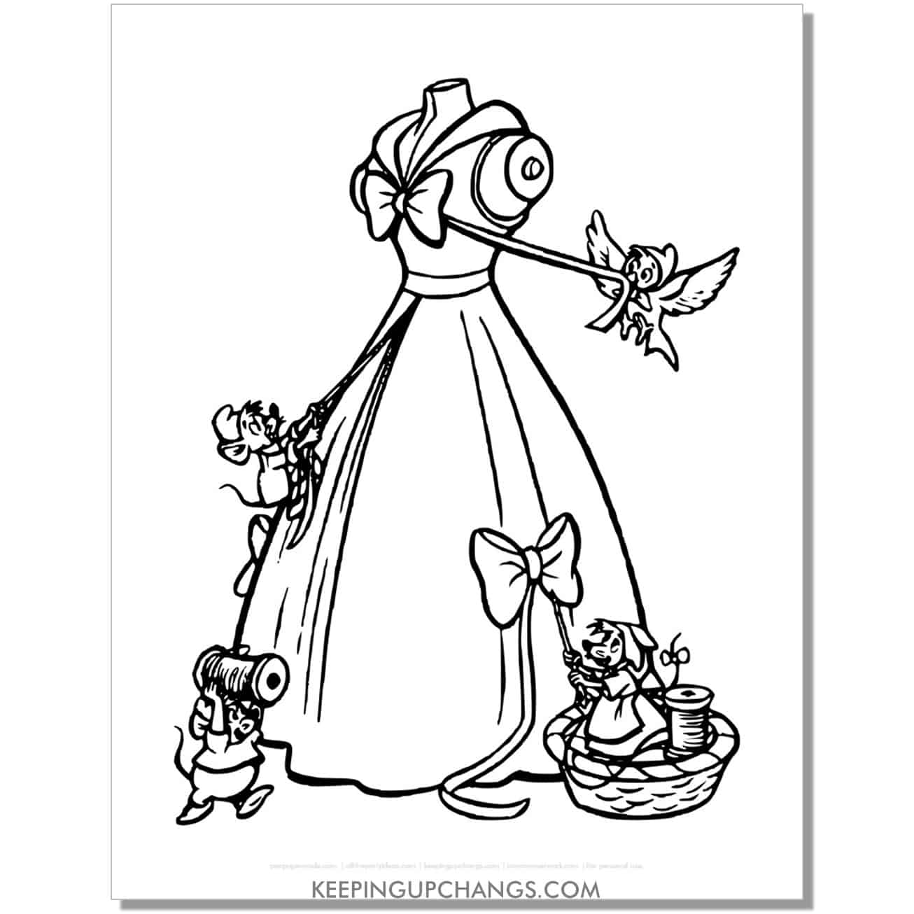 birds and mice make dress for cinderella coloring page, sheet.