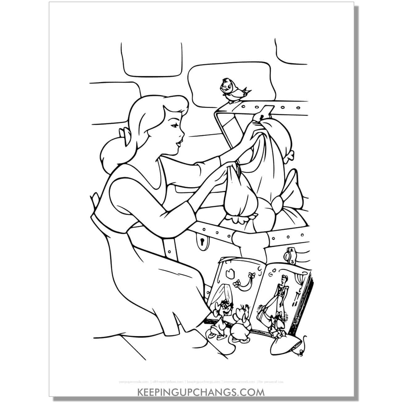 cinderella looking for dress in old chest coloring page, sheet.