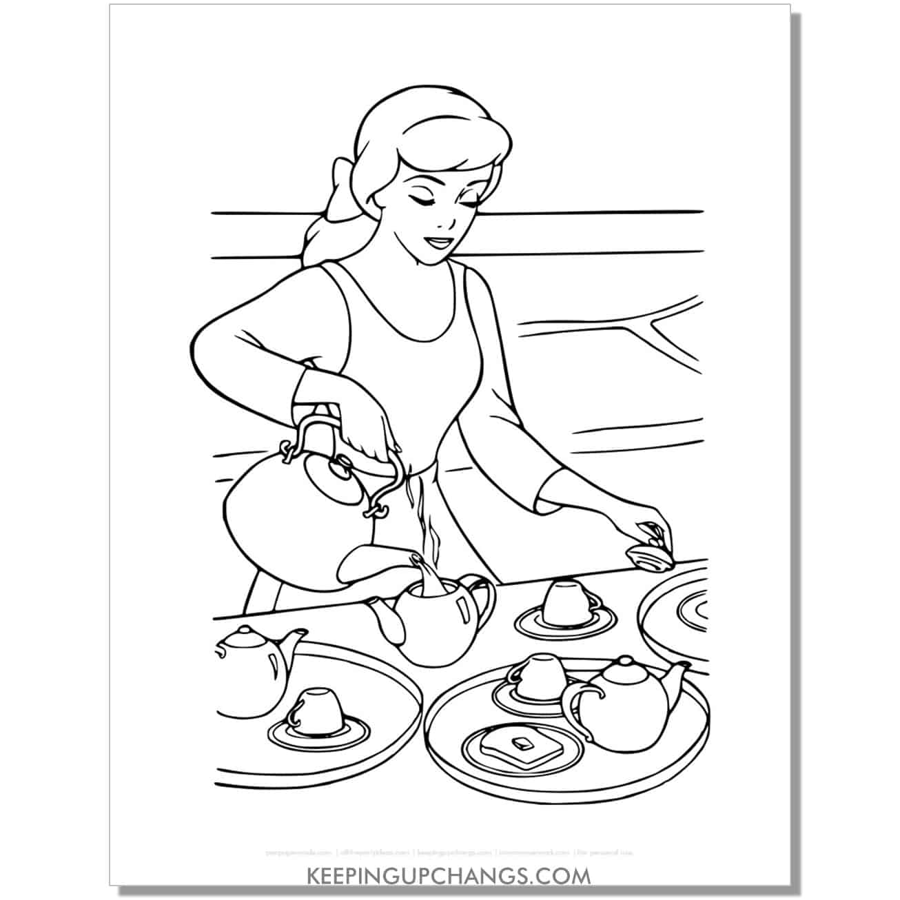 cinderella pouring tea coloring page, sheet.