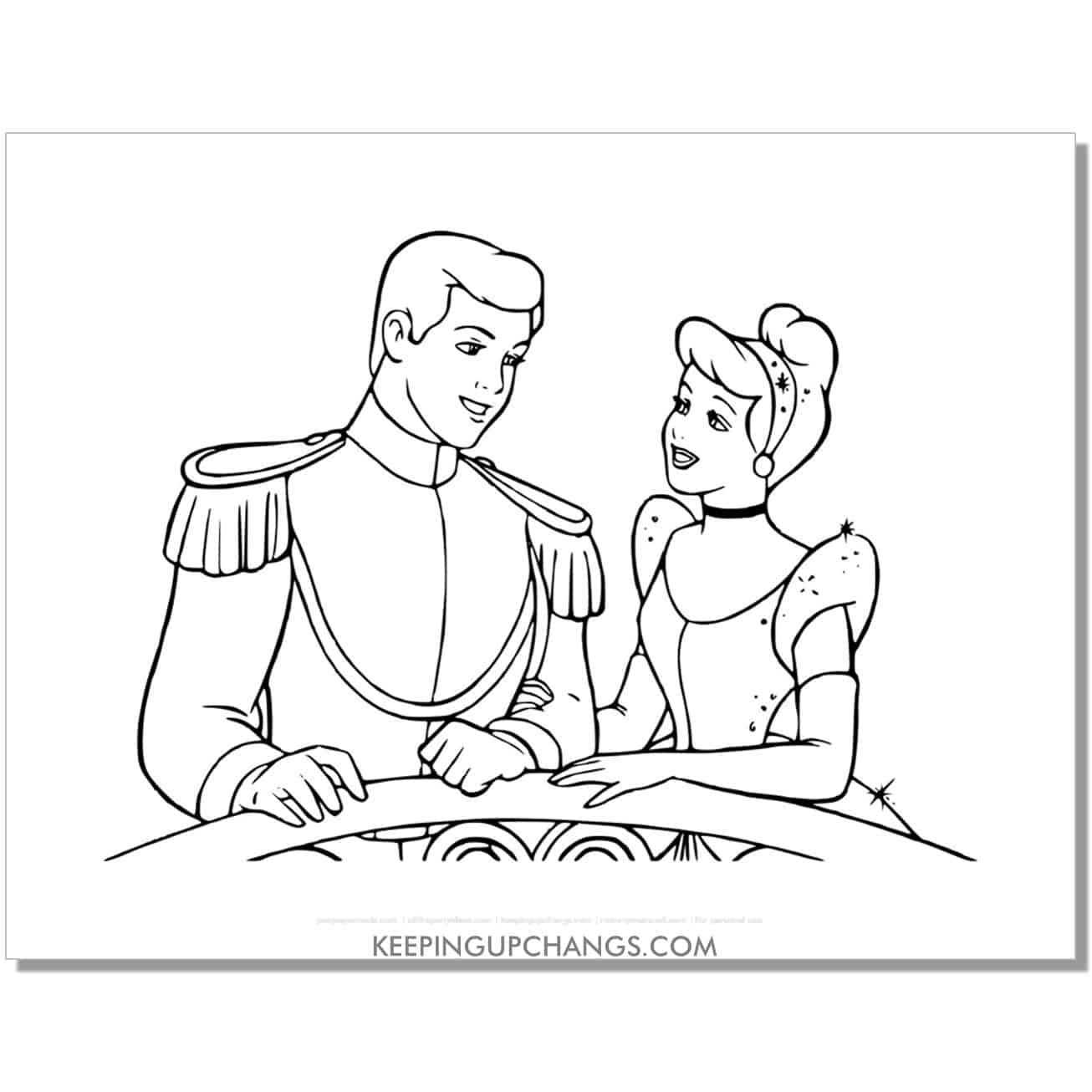 cinderella and prince charming on a balcony coloring page, sheet.