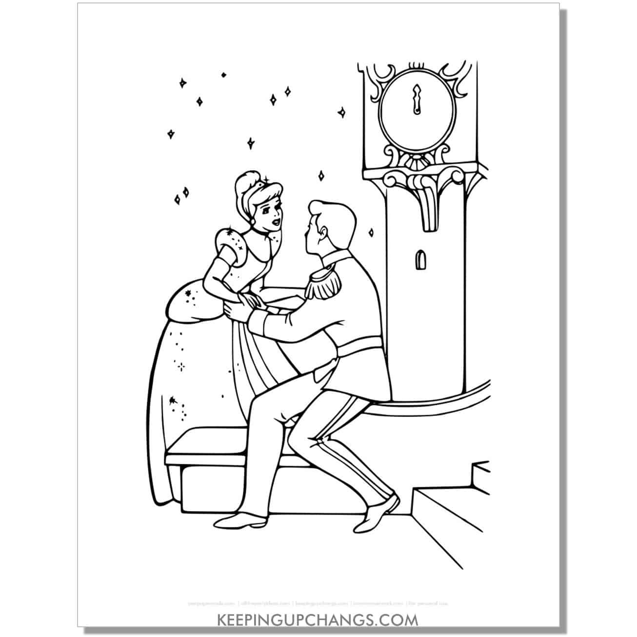 cinderella must leave prince charming by midnight coloring page, sheet.