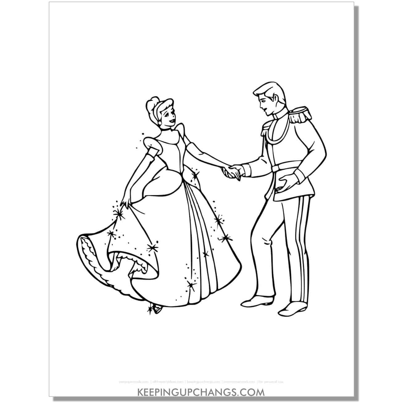 cinderella and prince charming dance coloring page, sheet.